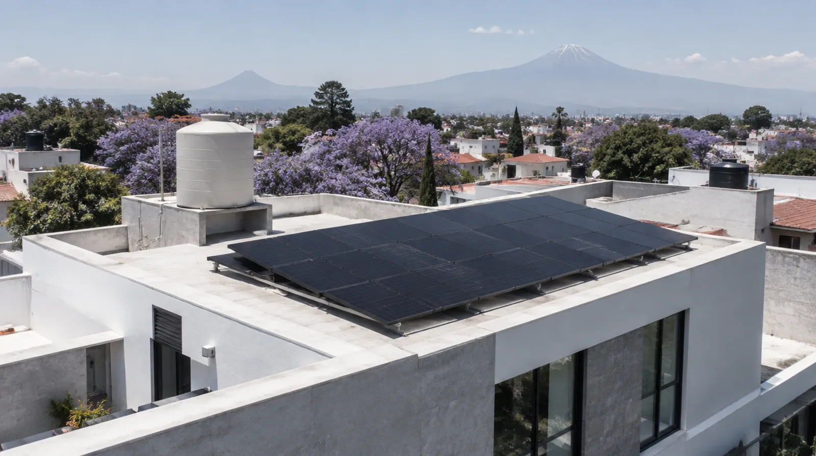 Sistema de paneles solares instalado en la losa de una casa en Ciudad de México, con el Popocatépetl al fondo