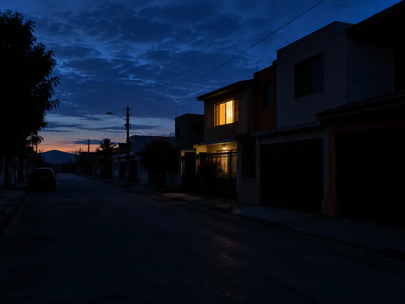 Calle a oscuras durante un apagón con una sola casa iluminada