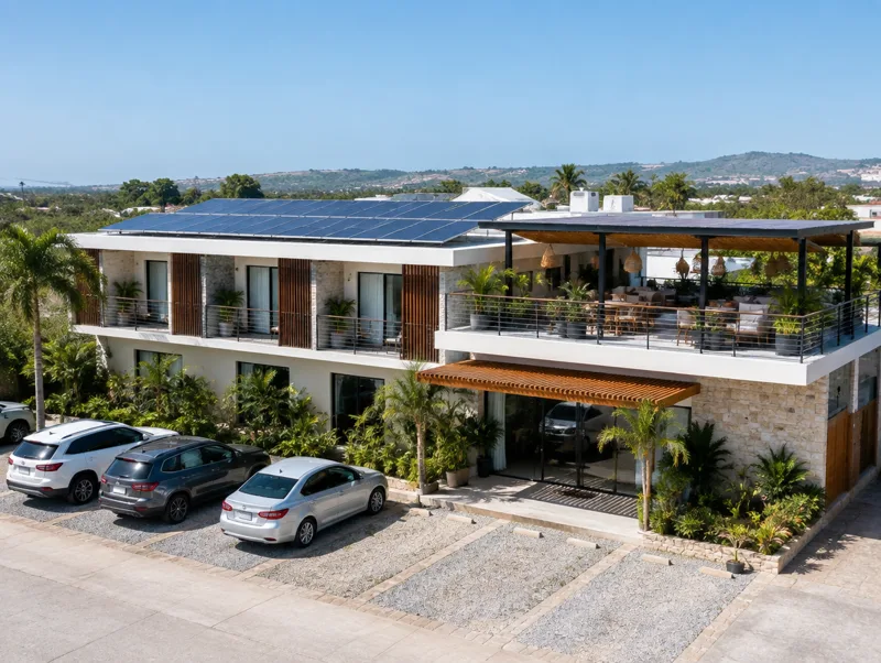 Edificio comercial con paneles solares en la azotea